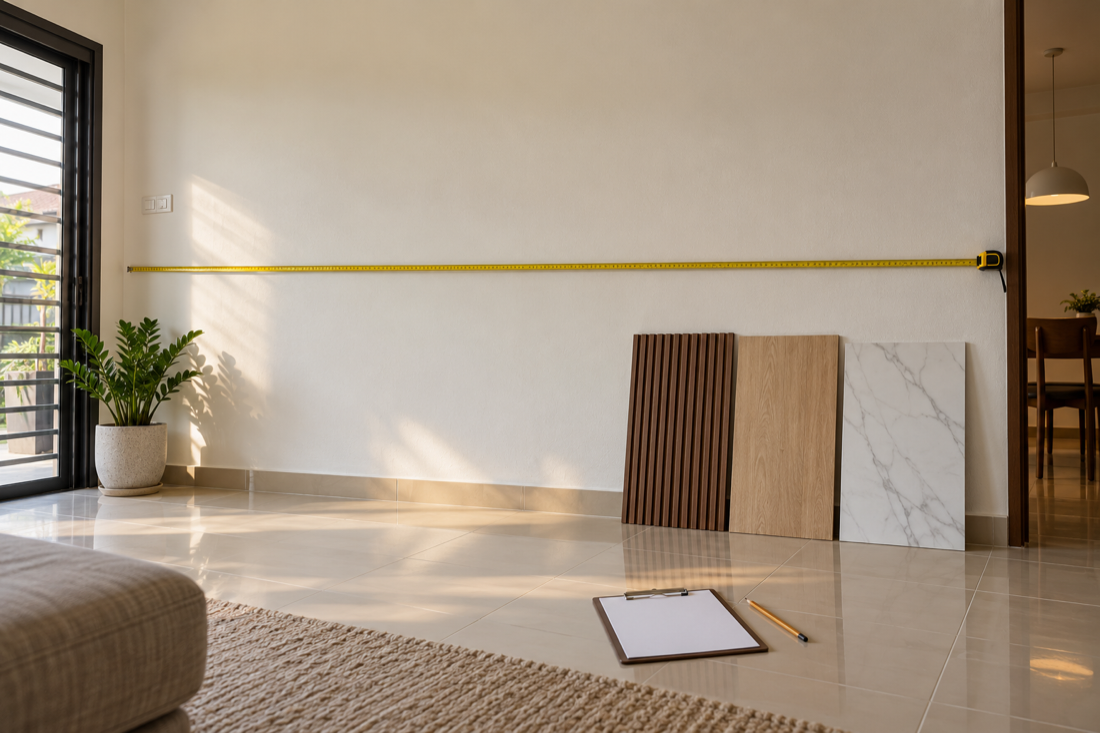Measuring the height of a plain wall with a steel tape before a wall panel quotation