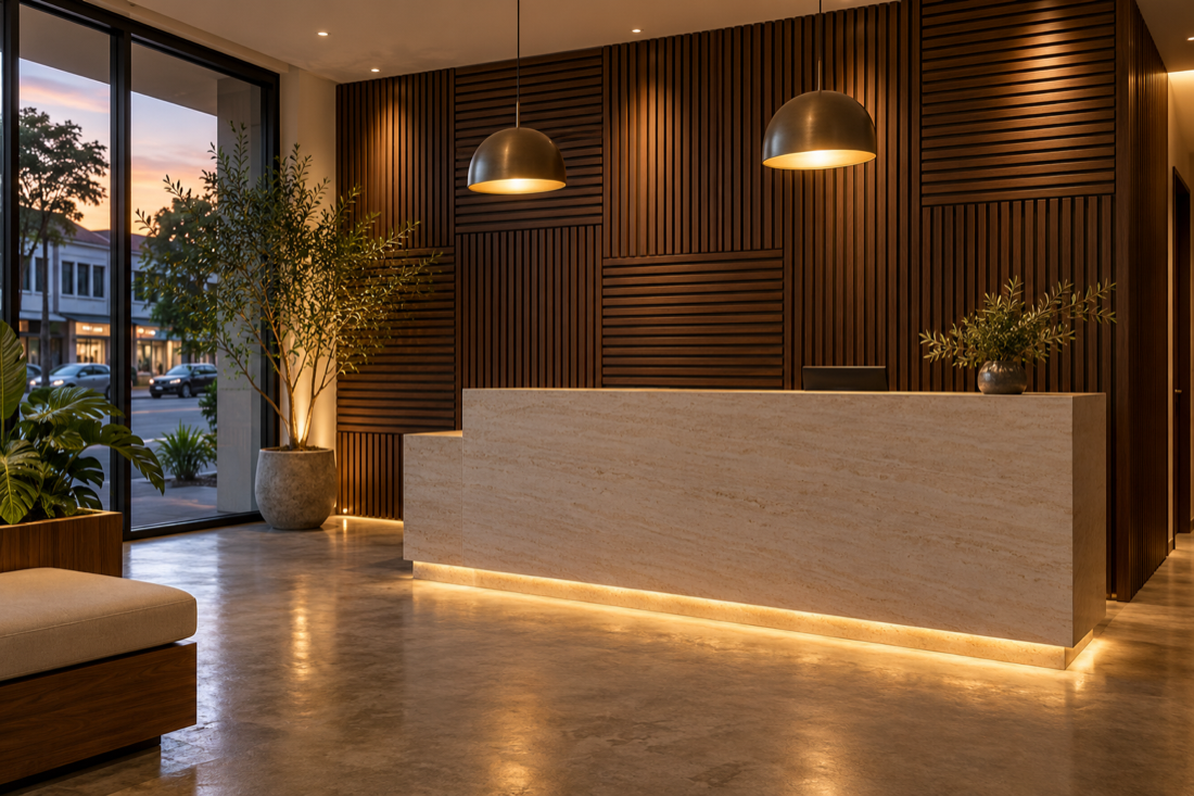 Illustration of a walnut acoustic wall panel feature wall in a shoplot café reception