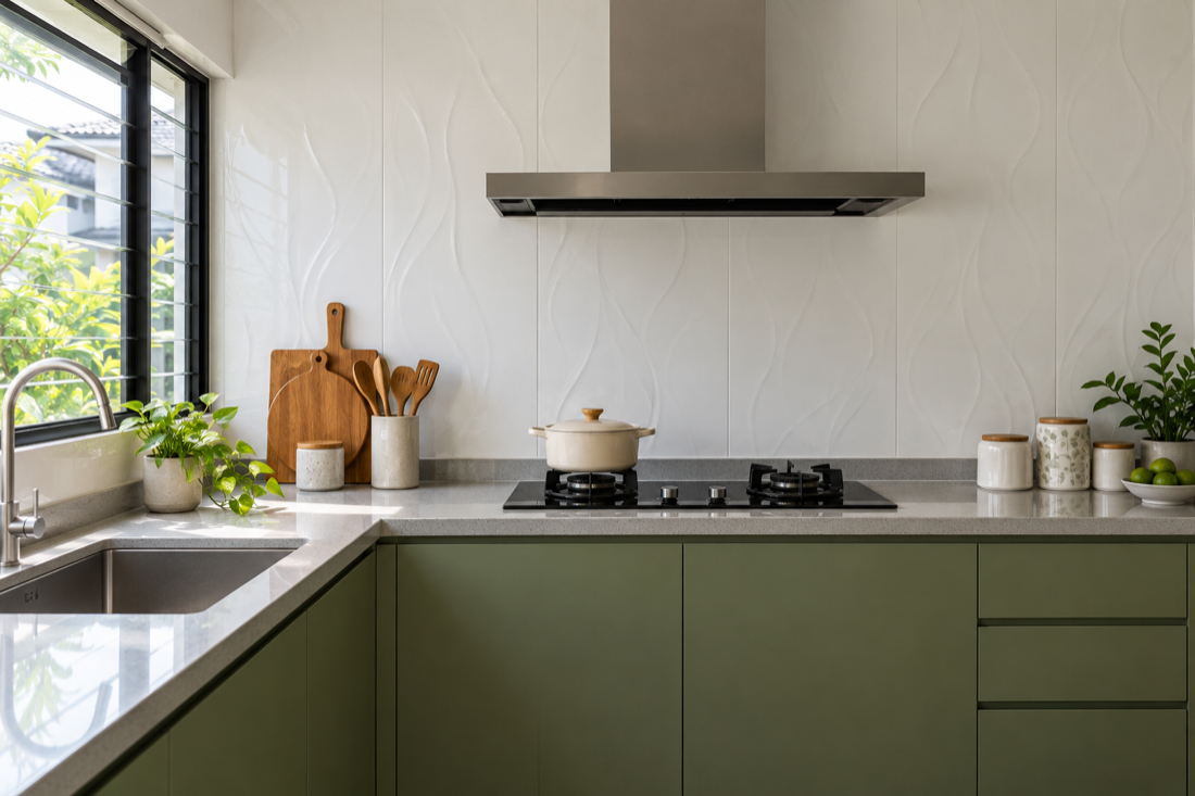 Illustration of a white PVC wall panel kitchen wall above a quartz worktop