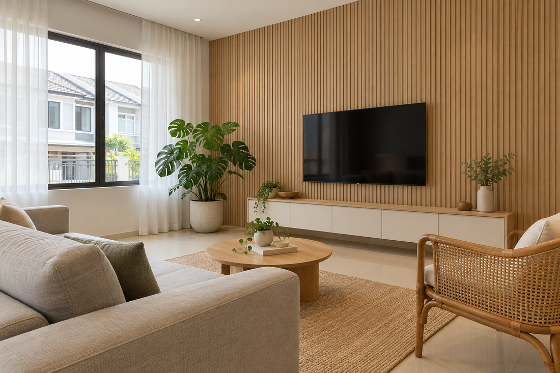 Light oak fluted wall panel TV feature wall in a bright terrace house living room